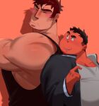  2boys back-to-back bara belly black_tank_top blush brown_hair couple dark-skinned_male dark_skin hammond_(sensaga) highres large_pectorals long_sideburns looking_at_another male_focus matthew_(sensaga) mature_male multiple_boys muscular muscular_male original pectorals plump sensaga short_hair shy sideburns sidepec sparse_stubble tank_top thick_arms thick_eyebrows upper_body yaoi 