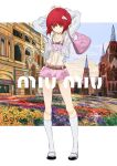  1girl arima_kana bag blue_jacket bob_cut building city fashion flower full_body handbag highres inverted_bob jacket looking_at_viewer navel oshi_no_ko pants pink_bag pink_pants red_eyes red_hair short_hair shorts socks solo t.k.c white_socks 