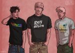  3boys :p bad_id bad_tumblr_id bara black_hair blonde_hair character_request couple cris_art feet_out_of_frame gay_shirt hand_on_own_neck hands_in_pockets hulkling lgbt_pride long_sideburns male_focus marvel multiple_boys print_shirt rainbow_belt shirt short_hair sideburns smile standing thick_eyebrows toned toned_male tongue tongue_out wiccan yaoi 
