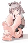  1girl :3 absurdres animal_ear_fluff animal_ears bare_legs barefoot blue_eyes blush brown_hair brown_shirt commission convenient_leg dorsiflexion eyelashes feet foot_focus foot_up foreshortening full_body greek_toe grey_sleeves heterochromia highres hugging_own_legs knees_up legs long_hair long_sleeves looking_at_viewer lts_kakuyo miniskirt on_ground open_mouth original panties pink_eyes red_skirt sailor_collar school_uniform shadow shirt short_sleeves simple_background sitting skeb_commission skirt soles solo toenails toes two_side_up underwear white_background white_panties 