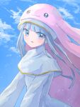  1girl blue_sky day digimon digimon_(creature) grey_eyes hat highres looking_at_viewer nagoshi outdoors rabbit sistermon_blanc sky solo upper_body white_hair 