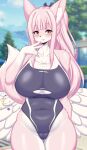  2023 anthro big_breasts blush breasts camel_toe clothed clothing female fur hi_res huge_breasts looking_at_viewer one-piece_swimsuit pink_body pink_fur solo swimwear tailzkim tight_clothing tongue tongue_out white_body white_fur 