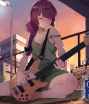  1girl absurdres artist_name barefoot bass_guitar black_bow black_nails blunt_bangs blush bocchi_the_rock! bow braid busking closed_eyes dress feet foot_out_of_frame green_dress hair_bow hair_over_shoulder highres hiroi_kikuri holding instrument long_hair purple_hair single_braid smile solo squeezable_(artist) 