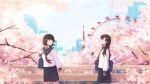  2girls arm_at_side bag black_eyes black_hair black_sailor_collar black_skirt bridge building cherry_blossoms closed_mouth day falling_petals feet_out_of_frame ferris_wheel glint hair_between_eyes hair_ornament hairclip hand_up highres landscape long_bangs long_hair long_sleeves looking_at_another medium_hair multiple_girls name_tag nature neckerchief oka_kojiro open_hand original outdoors petals pleated_skirt red_neckerchief sailor_collar scenery school_bag school_uniform serafuku shirt skirt smile spring_(season) straight_hair tower walking white_shirt 