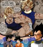  3boys abs absurdres anal ass bara black_bodysuit black_hair blonde_hair blood blood_from_mouth blue_bodysuit bodysuit bound bound_wrists broly_(dragon_ball_super) clothes_pull dougi dragon_ball dragon_ball_super dragon_ball_z english_text erection facial_mark halo highres injury large_pectorals looking_at_another majin_vegeta male_focus male_pubic_hair multiple_boys muscular muscular_male navel nosebleed open_mouth pants pants_pull pectorals penis pubic_hair restrained sex sex_from_behind short_hair sinnia smile son_goku spiked_hair super_saiyan super_saiyan_2 torn_bodysuit torn_clothes vegeta yaoi 
