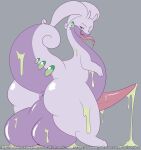  2021 animal_genitalia animal_penis anthro anus balls bedroom_eyes big_balls big_butt biped bodily_fluids butt erection eyebrows fuf generation_6_pokemon genitals goodra grey_body hi_res huge_balls long_tongue looking_at_viewer looking_back looking_back_at_viewer male multicolored_body narrowed_eyes nintendo nude open_mouth penis pokemon pokemon_(species) presenting presenting_hindquarters raised_tail rear_view saliva saliva_on_tongue seductive simple_background solo tail thick_thighs tongue two_tone_body white_body 