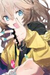  1girl badge bandaid black_shirt blonde_hair blood blood_on_weapon blue_eyes blue_nails brass_knuckles button_badge cardigan commentary fang hand_up highres hitogome kasukabe_tsumugi knee_up leg_warmers long_hair long_sleeves looking_at_viewer looking_to_the_side loose_necktie messy_hair necktie off_shoulder one_side_up open_cardigan open_clothes open_mouth outline shirt simple_background skin_fang smile solo voicevox w weapon white_background white_outline yellow_cardigan yellow_necktie 