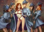  6+girls black_hair blonde_hair blue_cape blue_capelet blue_headwear breasts brown_hair cape capelet closed_mouth cloth_gag collared_shirt covered_nipples feet_out_of_frame fleur_delacour gag gagged grey_eyes grey_shirt harry_potter_(series) harry_potter_and_the_goblet_of_fire hermione_granger holding holding_wand improvised_gag large_breasts long_hair looking_at_another looking_at_viewer multiple_girls orange_hair pussy red_hair sane-person sarashi school_uniform shirt smile standing wand wizarding_world yuri 