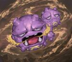  black_eyes brown_background closed_mouth fangs full_body highres looking_at_viewer no_humans open_mouth outdoors pokemon pokemon_(creature) solo sumosamo tusks weezing 