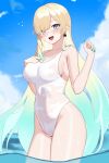  1girl 4kebidayo absurdres aizawa_ema blonde_hair blue_eyes blue_hair blue_sky blush breasts cat_earrings cloud covered_navel gradient_hair green_nails hand_on_own_chest highleg highleg_swimsuit highres large_breasts long_hair looking_at_viewer multicolored_hair ocean one-piece_swimsuit open_mouth see-through sideboob sky smile solo swimsuit very_long_hair virtual_youtuber vspo! wading water wet wet_clothes white_hair white_one-piece_swimsuit 