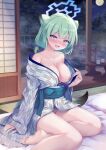  1girl :d animal_ear_fluff animal_ears bandaid bandaids_on_nipples bare_shoulders barefoot blue_archive blue_nails blush bridge choko_(cup) collarbone commentary_request cup full_moon futon green_hair half-closed_eyes halo highres hinoka_(allen) indoors japanese_clothes kimono long_hair long_sleeves looking_at_viewer moon nail_polish night night_sky nose_blush off_shoulder on_bed onsen pasties pillow print_kimono purple_eyes railing shigure_(blue_archive) sky sleeves_past_wrists smile soles solo steam table tail tatami tree water yagasuri yukata 