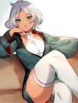 1girl ahoge aqua_eyes asticassia_school_uniform commentary couch crossed_legs dark-skinned_female dark_skin elbow_rest fujisaki_(hjsk) green_jacket green_shorts grey_hair gundam gundam_suisei_no_majo head_rest highres jacket leotard long_sleeves looking_at_viewer on_couch open_mouth parted_lips school_uniform secelia_dote short_hair shorts simple_background sitting solo thighhighs white_leotard white_thighhighs 