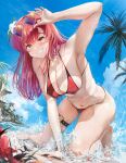  1girl absurdres almondrake armpits ass bare_shoulders barefoot beach bikini breasts cleavage day eyewear_on_head halterneck heart heart-shaped_eyewear heterochromia highres hololive houshou_marine houshou_marine_(4th_costume) large_breasts long_hair navel o-ring o-ring_thigh_strap official_alternate_costume outdoors red_bikini red_eyes red_hair smile solo string_bikini sunglasses swimsuit teeth thigh_strap thighs virtual_youtuber yellow_eyes 