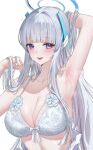  1girl arm_up armpits blue_archive blush bra breasts cleavage collarbone grey_hair halo highres large_breasts lichiko long_hair looking_at_viewer mechanical_halo noa_(blue_archive) presenting_armpit purple_eyes simple_background smile solo straight_hair underwear upper_body very_long_hair white_background white_bra 