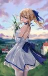  1girl absurdres ahoge artoria_pendragon_(fate) bare_shoulders blonde_hair blue_ribbon blue_sky breasts dress fate/grand_order fate/stay_night fate_(series) flower green_eyes hair_ribbon highres kuza_brs long_hair looking_at_viewer medium_breasts ponytail ribbon saber sidelocks sky smile solo white_dress 