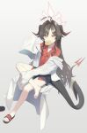  1girl :3 absurdres ahoge barefoot blue_archive blue_shorts blush breasts brown_hair coat collared_shirt cookie demon_horns demon_tail feet food forked_tail full_body grey_background hair_intakes halo hand_on_own_leg hand_up highres horns invisible_chair kabanoki kasumi_(blue_archive) lab_coat legs long_hair mouth_hold parted_bangs red_footwear red_halo red_shirt sandals shirt shirt_tucked_in short_shorts shorts sidelocks simple_background sitting sleeves_past_fingers sleeves_past_wrists small_breasts soles solo tail thighs toes v-shaped_eyebrows white_coat wide_sleeves yellow_eyes 