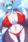  absurd_res anthro big_breasts bikini bikini_bottom black_pupils blue_eyes blue_hair blush breasts canid canine canis clothing dipstick_tail domestic_dog female hair haiyan hanul hi_res huge_breasts looking_at_viewer mammal markings multicolored_body navel open_mouth pupils solo swimwear tail tail_markings thick_thighs two_tone_body 