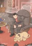 1boy armchair berry_(pokemon) black_hair chair closed_mouth dukehooverart evolutionary_line flower flower_pot giovanni_(pokemon) hand_on_own_thigh highres indoors jacket jewelry logo looking_down male_focus meowth oran_berry pants persian pokemon pokemon_(creature) pokemon_(game) pokemon_lgpe ring rug shirt shoes short_hair sitting smile table team_rocket team_rocket_uniform 