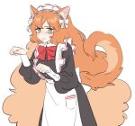  1girl animal_ears apron black_dress bow bowtie cat_ears cat_tail ch_isms2 disgust dress freckles frown hairband ishmael_(limbus_company) limbus_company long_sleeves looking_at_viewer maid orange_hair paw_pose pocket project_moon puffy_long_sleeves puffy_sleeves red_bow red_bowtie simple_background solo tail white_apron white_background white_bow white_hairband 