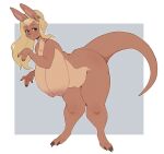  anthro bent_over big_breasts blonde_hair breasts brown_body brown_fur claws female fur hair hanging_breasts hi_res huge_breasts kangaroo looking_at_viewer macropod mammal marsupial nude overweight overweight_anthro overweight_female punkinbuu sagging_breasts smile solo tail thick_thighs voluptuous_female 