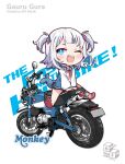  1girl a_(phrase) absurdres blue_eyes blush character_name chibi commentary copyright_name english_text engrish_text fins fish_tail gawr_gura highres hololive hololive_english honda_monkey looking_at_viewer medium_hair motor_vehicle motorcycle multicolored_hair one_eye_closed open_mouth ranguage sandals school_uniform shark_girl shark_tail sharp_teeth short_twintails streaked_hair tail teeth twintails virtual_youtuber white_background white_hair yoyoko707 
