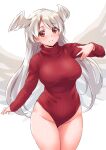  1girl angel_wings blush breasts commentary_request final_fantasy final_fantasy_tactics grey_hair head_wings heattech_leotard highres large_breasts leotard long_hair looking_at_viewer red_eyes red_leotard red_sweater ribbed_sweater solo sweater takomeshi turtleneck turtleneck_sweater ultima_(fft) very_long_hair wings 
