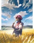  1girl aki_(neyuki41028) blue_sky book border closed_eyes cloud collared_shirt gundam gundam_suisei_no_majo highres holding holding_book hood hoodie horizon jacket long_hair low-tied_long_hair low_ponytail red_hair shirt sky suletta_mercury thick_eyebrows wheat wheat_field white_border 