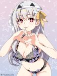  1girl bandages blush breasts cleavage goddess_of_victory:_nikke hair_ornament heart heart_hands highres leaning_forward looking_at_viewer modernia_(nikke) panties red_eyes ribbon tongue tongue_out underwear underwear_only white_hair yellow_ribbon yuzhi_lier 