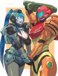 2girls :d ^_^ absurdres arm_up artist_name blue_hair breasts character_request check_character cirenk cleavage_cutout closed_eyes clothing_cutout commission cowboy_shot from_side helmet highres holding_hands large_breasts metroid metroid_(classic) multiple_girls open_mouth ponytail power_suit_(metroid) samus_aran smile teeth 