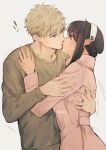  ! !! 1boy 1girl absurdres artist_name black_hair blonde_hair blue_eyes blush breasts closed_eyes closed_mouth coat earrings fingernails gold_earrings green_sweater grey_background hair_between_eyes hairband hand_up hands_up hetero highres hug husband_and_wife jewelry long_sleeves looking_at_another maiii_(smaii_i) medium_breasts pink_coat short_hair short_hair_with_long_locks sidelocks simple_background spy_x_family standing sweater twilight_(spy_x_family) white_hairband yor_briar 