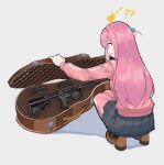  ? absurdres assault_rifle blue_eyes blue_skirt bocchi_the_rock! drum_magazine gar32 gotoh_hitori grey_background guitar guitar_case gun highres instrument instrument_case jacket m4_carbine magazine_(weapon) pants pink_hair pink_jacket pink_pants rifle skirt squatting track_pants weapon 