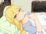  1girl :3 ahoge artist_name bed bed_sheet blonde_hair commentary_request etsuransha_no_rei grey_shirt hair_down highres kantai_collection long_hair looking_at_viewer lying pillow satsuki_(kancolle) shelf shirt sleepwear smile solo upper_body yellow_eyes 