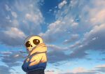  1boy artist_name back black_shorts blue_jacket cloud day hands_in_pockets highres hood hood_down hooded_jacket jacket korokor59513559 looking_back male_focus outdoors sans shorts skeleton sky solo teeth twitter_username undertale 