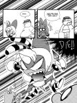  ^_^ angry anthro bee_stinger charmy_bee clothed clothing comic crossdressing dialogue english_text espio_the_chameleon eyelashes eyes_closed footwear gloves handwear high_heels human insult knife male mammal monochrome motion_lines open_mouth overweight overweight_male panties sega shocked smile sonic_the_hedgehog_(series) teeth_showing text underwear vector_the_crocodile visor weapon wig yuski 