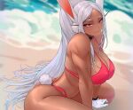  1girl animal_ears ass beach bikini black_choker boku_no_hero_academia breasts choker dark-skinned_female dark_skin gabriel_carrasquillo gloves highres large_breasts long_hair looking_at_viewer mirko outdoors rabbit_ears rabbit_tail red_eyes solo swimsuit tail thick_thighs thighs white_gloves white_hair 