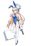  1girl animal_ears aqua_bow aqua_bowtie assault_rifle blonde_hair blue_archive blue_eyes blue_footwear blue_hairband blue_leotard bow bowtie braid breasts covered_navel detached_collar earpiece earrings fake_animal_ears fake_tail french_braid full_body gun h&amp;k_g11 hairband halo high_heels highleg highleg_leotard highres holding holding_gun holding_weapon jewelry leotard long_hair medium_breasts official_alternate_costume playboy_bunny rabbit_tail rifle simple_background solo strapless strapless_leotard tail thighhighs toki_(blue_archive) toki_(bunny)_(blue_archive) very_long_hair weapon white_background white_thighhighs white_wrist_cuffs zilaishui 