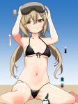  1girl :3 absurdres arms_up beach bikini black_bikini blonde_hair blush breasts color_guide goggles goggles_on_head green_eyes hair_ornament hairclip highres honkai:_star_rail honkai_(series) korean_commentary long_hair low_twintails navel qingque_(honkai:_star_rail) smug solo swimsuit twintails 