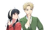  1boy 1girl black_hair blonde_hair blue_eyes clenched_hand collared_shirt green_sweater hairband highres husband_and_wife porong002 red_eyes red_sweater shirt simple_background spy_x_family sweater twilight_(spy_x_family) white_background white_hairband yor_briar 