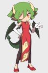  1girl black_pants brown_eyes china_dress chinese_clothes closed_mouth dot_nose draco_centauros dragon_girl dragon_horns dragon_tail dragon_wings dress elbow_gloves full_body gloves green_hair green_wings grey_background hand_on_own_hip highres horns ikyllua light_frown looking_at_viewer madou_monogatari one_eye_closed pants pants_under_dress pointy_ears puyopuyo red_dress red_footwear short_hair side_slit solo standing tail white_gloves wings yellow_horns 