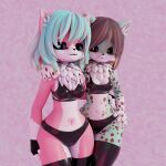  3d_(artwork) absurd_res anthro berrymelodi black_bra black_clothing black_legwear black_panties black_thigh_highs black_underwear blender_(software) blender_cycles blue_eyes blue_hair bra breasts brown_eyes brown_hair cleavage clothed clothing countershade_legs countershade_thighs countershade_torso countershading digital_media_(artwork) domestic_cat duo felid feline felis female female/female glistening glistening_clothing glistening_underwear green_body hair hand_on_hip hand_on_shoulder hi_res legwear looking_at_viewer mammal markings medium_breasts navel panties pink_body sports_bra spots spotted_markings thigh_highs underwear white_body white_countershading wide_hips 