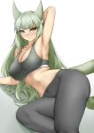  1girl absurdres animal_ear_fluff animal_ears arknights arm_up armpits bare_shoulders breasts casperrin cat_ears cat_tail cleavage commentary crop_top gradient_background green_eyes green_hair grey_background grey_pants harmonie_(arknights) highres large_breasts leggings long_hair looking_at_viewer midriff navel pants solo sports_bra stomach sweat tail thighs very_long_hair white_background 
