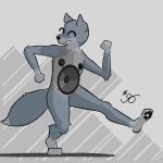  2023 ^_^ animate_inanimate anthro arm_tuft binary_drawing canid canine canis cel_shading countershade_torso countershading daleport996 dancing dipstick_tail ear_tuft elbow_tuft eyes_closed fist fur gloves_(marking) grey_background grey_body grey_fur inanimate_transformation knee_tuft leg_markings leg_tuft looking_away male mammal markings nude one_leg_up partial_transformation pawpads paws raised_leg shaded signature simple_background smile socks_(marking) solo speaker tail tail_markings thick_tail transformation tuft wolf 