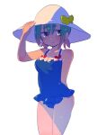  1girl alternate_costume arm_behind_back blue_one-piece_swimsuit blush bow brown_hair butterfly_hat_ornament closed_mouth dripping frilled_one-piece_swimsuit frills gradient_hair green_eyes green_hair hanada_hyou hand_on_headwear hat hat_ornament light_smile looking_to_the_side multicolored_hair one-piece_swimsuit original red_bow shadow sun_hat swimsuit two-tone_hair wet white_headwear 