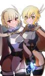  2girls absurdres belt black_gloves blonde_hair citrinne_(fire_emblem) closed_mouth earrings feather_hair_ornament feathers fire_emblem fire_emblem:_genealogy_of_the_holy_war fire_emblem:_thracia_776 fire_emblem_engage gloves green_eyes hair_ornament highres hoop_earrings jewelry long_sleeves looking_at_viewer mu_tu_bu multiple_girls nanna_(fire_emblem) red_eyes short_hair skirt smile trait_connection white_background 