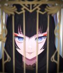  1girl birdcage black_hair blue_eyes blurry blurry_foreground cage camui1104 closed_mouth commentary_request eyeshadow highres long_hair looking_at_viewer makeup medium_bangs red_eyeliner red_eyeshadow rindou_aya_(undead_girl_murder_farce) severed_head smile undead_girl_murder_farce 
