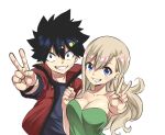  1boy 1girl bandaid bandaid_on_face black_eyes black_hair black_shirt blonde_hair blue_eyes breasts cleavage collarbone earrings eden&#039;s_zero green_shirt hair_between_eyes highres jacket jewelry long_hair looking_at_viewer mashima_hiro official_art rebecca_bluegarden red_jacket shiki_granbell shirt short_hair simple_background sleeves_rolled_up smile spiked_hair strapless strapless_shirt tube_top upper_body v white_background 