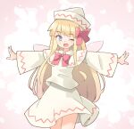  1girl arnest blonde_hair blue_eyes bow bowtie cowboy_shot fairy_wings hair_bow hat lily_white long_sleeves one_eye_closed open_mouth outstretched_arms pink_background red_bow red_bowtie shirt skirt smile solo spread_arms touhou white_headwear white_shirt white_skirt wings 