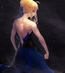  1girl absurdres ahoge artoria_pendragon_(fate) back backless_dress backless_outfit bare_back bare_shoulders blonde_hair blue_dress blue_ribbon braid braided_bun dress fate/grand_order fate_(series) french_braid from_behind green_eyes hair_bun hair_ribbon highres korean_commentary lips looking_at_viewer looking_back muscular muscular_female night ribbon rnjs4967 saber short_hair single_hair_bun sky sleeveless solo standing star_(sky) starry_sky torn_clothes 