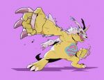  artist_name commentary digimon digimon_(creature) english_commentary full_body gabumon gatoiberico highres horns no_humans open_mouth orange_eyes purple_background simple_background single_horn solo standing teeth 