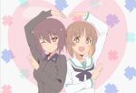  2girls blush brown_eyes brown_hair girls_und_panzer heart kayabakoro kuromorimine_school_uniform looking_at_viewer multiple_girls nishizumi_maho nishizumi_miho one_eye_closed ooarai_school_uniform open_mouth school_uniform short_hair simple_background smile upper_body 